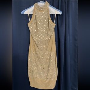 Beige Rhinestone Mesh Body Con Dress